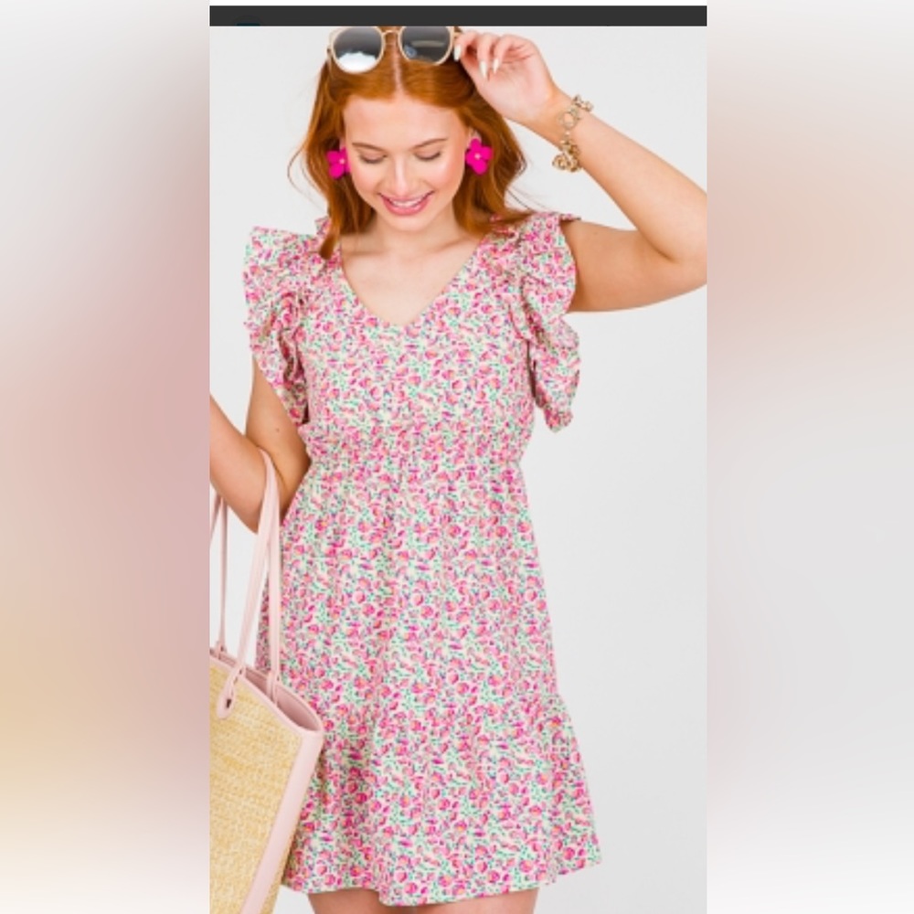 Umgee Floral Embellished Ruffle Cap Sleeve Keyhole Tie Back Dress Size L
NWT